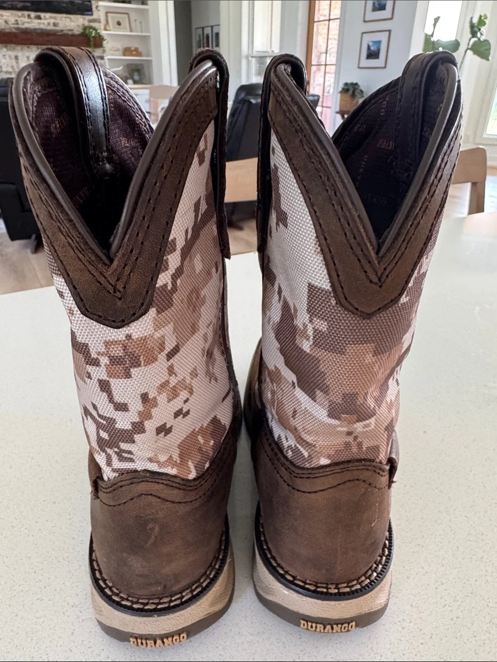 Durango Brown Leather Square-Toe Camo Shaft Western Boots